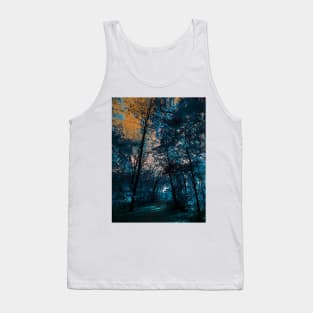 Majestic Fantasy Fall Wooded Trail Scene with Blue Foliage and Orange Sky - Indian Creek Trail Kansas City Tank Top